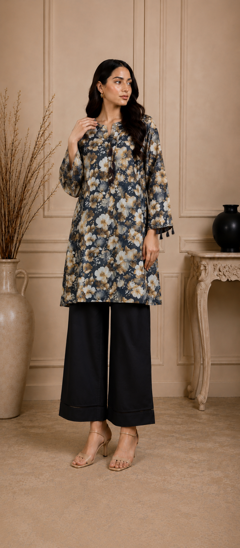 Midnight Floral Printed Lawn Kurta with Black Trouser