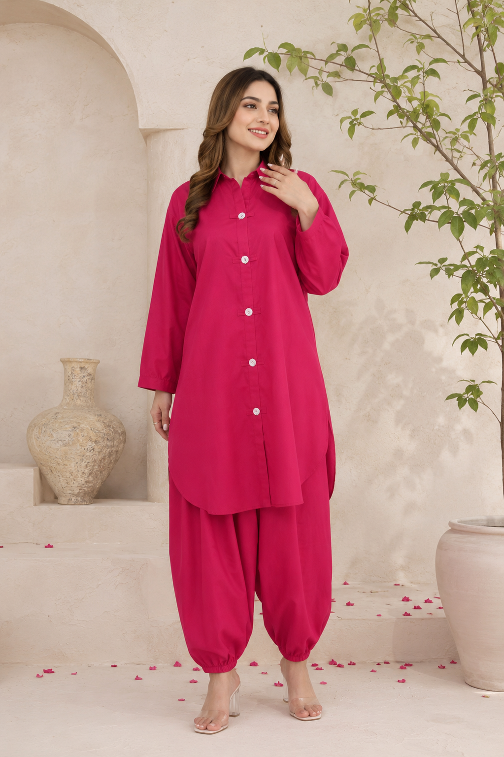 Hot Pink Button-Down 2-Piece Suit with Shalwar