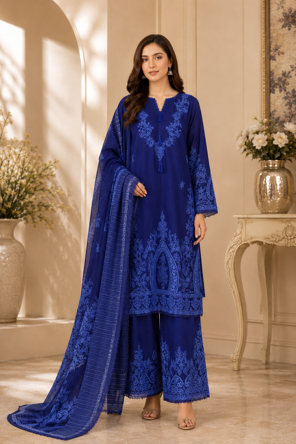 Royal Blue Embroidered Suit with Matching Dupatta – Elegant Traditional Wear