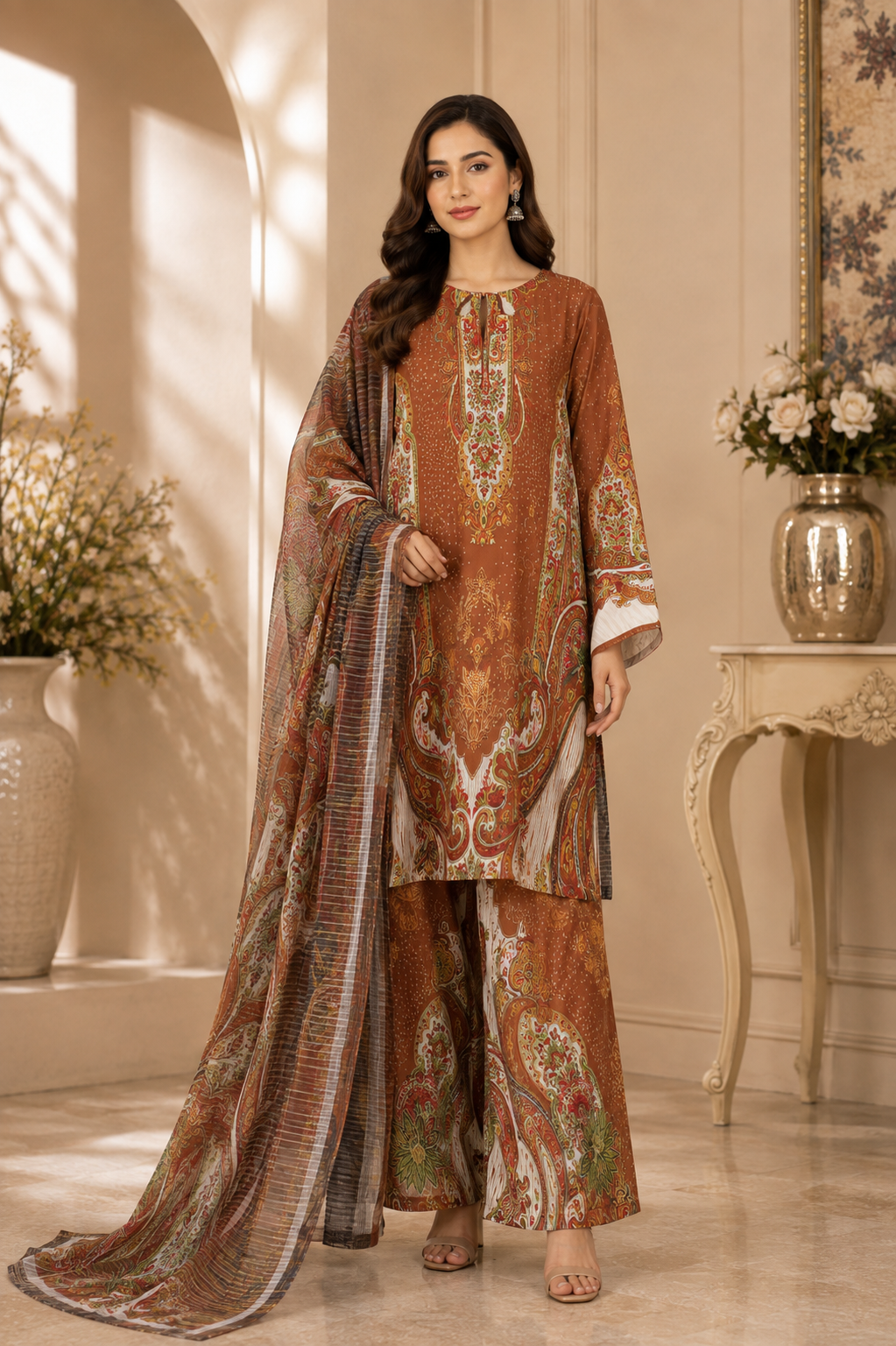 Rust Brown Printed 3 Piece Suit with Traditional Paisley Dupatta