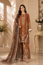 Rust Brown Printed 3 Piece Suit with Traditional Paisley Dupatta