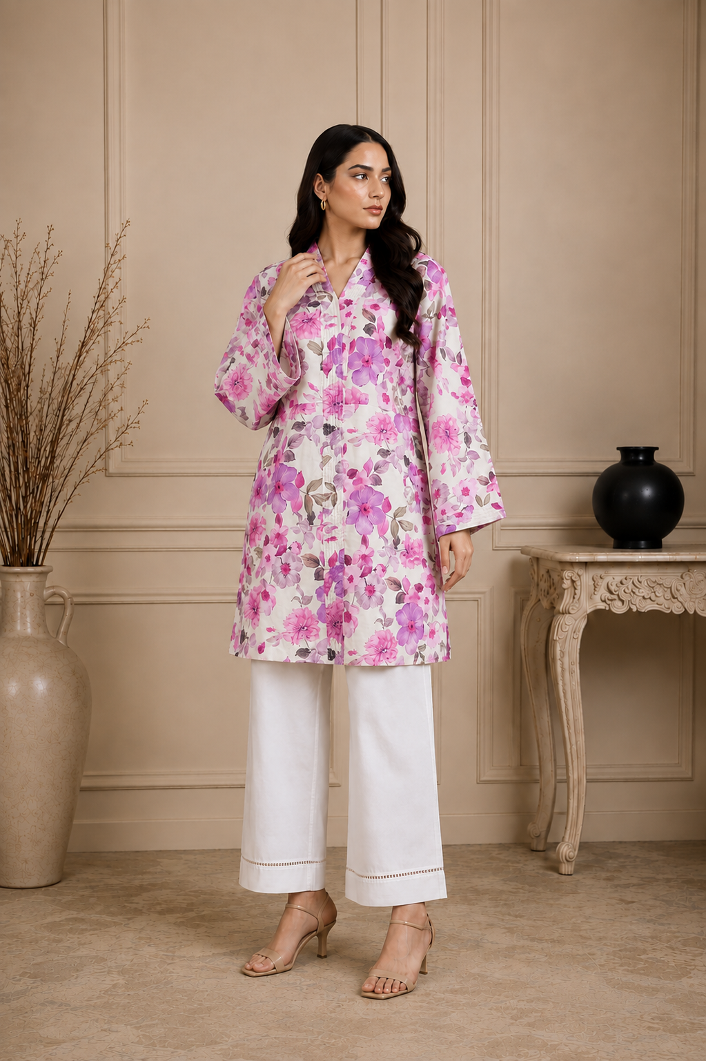 2 Piece Doria Lawn Floral Printed Suit – White & Pink | Premium Summer Collection