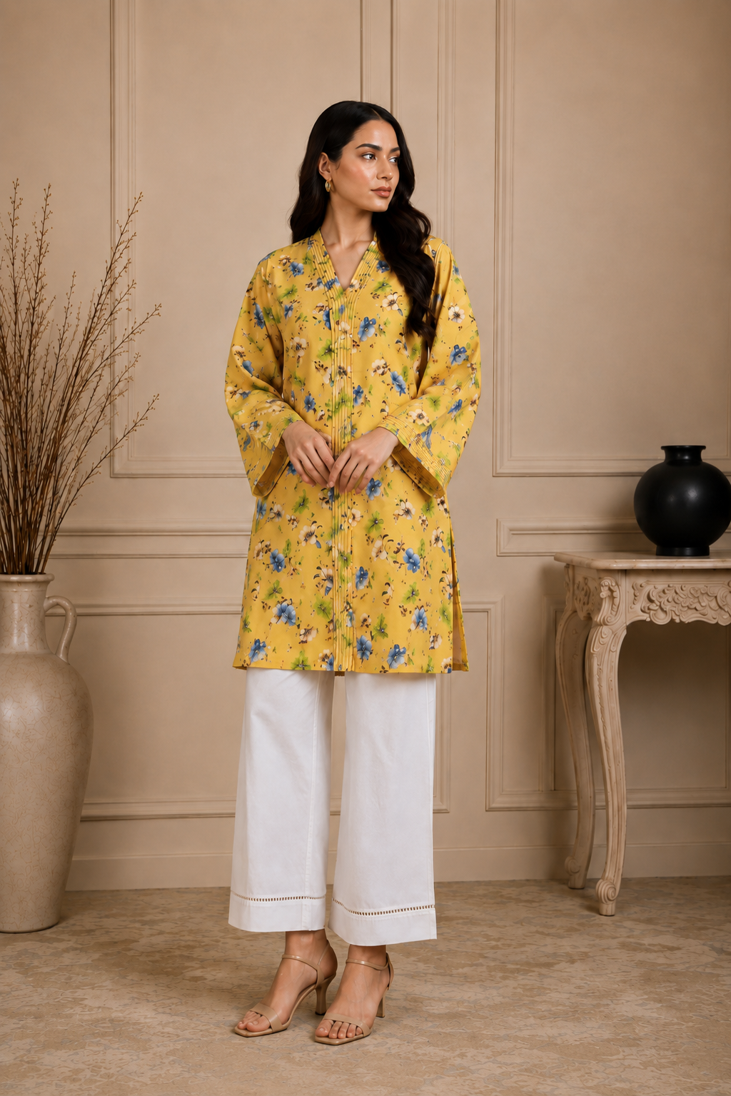 Yellow Floral Printed Doria Lawn 2 Piece Suit with Tassel Sleeves | Zurra Studio