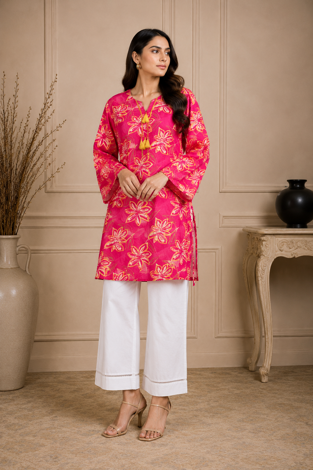2 Piece Doria Lawn Suit – Fuchsia Pink Floral Printed Kurti with White Trouser