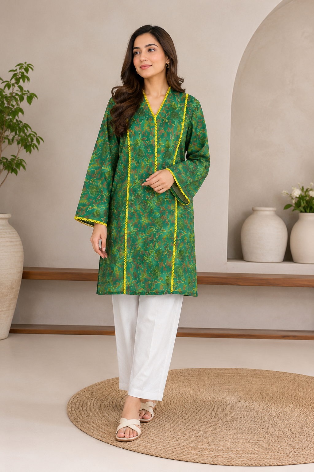 Emerald Green Printed Kurta with Yellow Lace Detailing