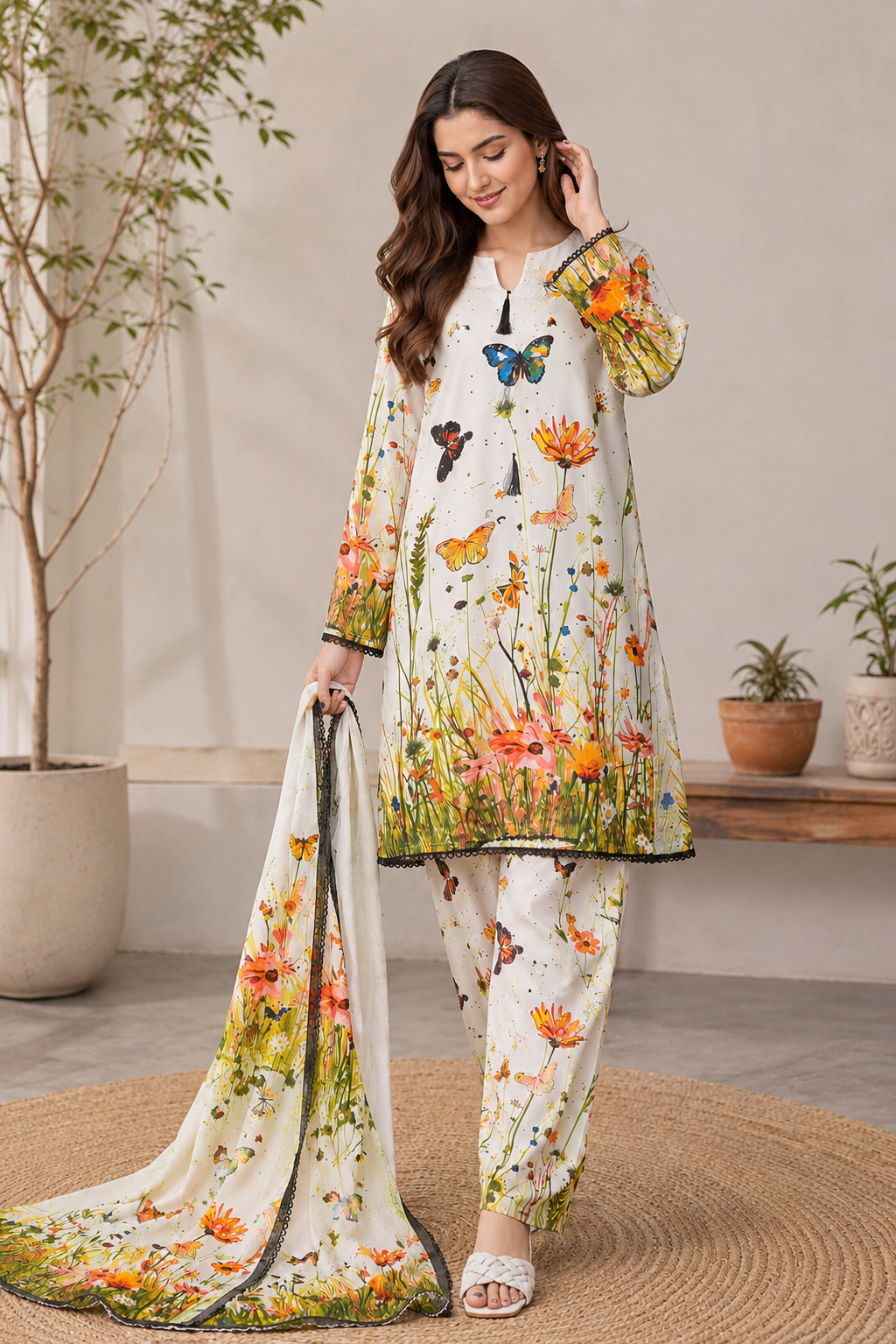 Ivory Butterfly Floral Printed 3 Piece Lawn Suit