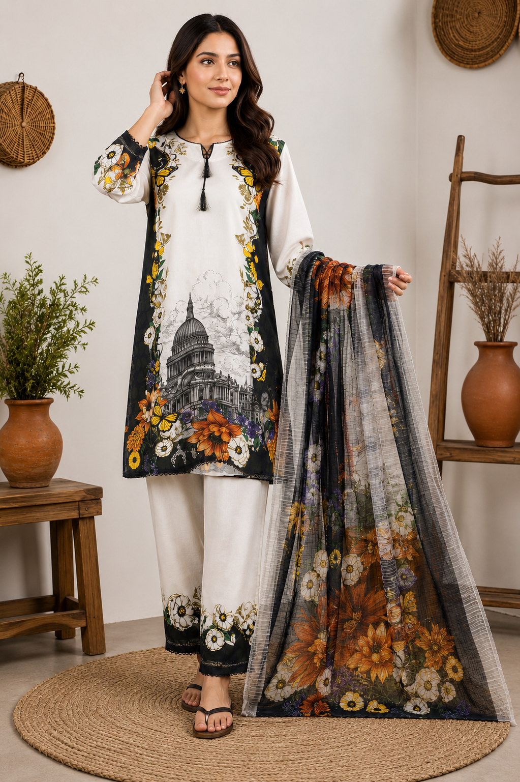 Black & Ivory Floral Printed 3 Piece Lawn Suit with Printed Dupatta