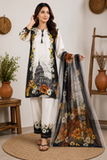 Black & Ivory Floral Printed 3 Piece Lawn Suit with Printed Dupatta
