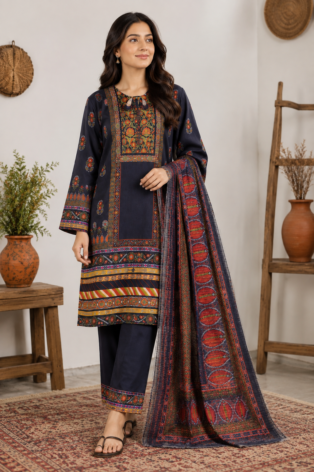 Black Printed 3 Piece Suit with Multicolor Dupatta