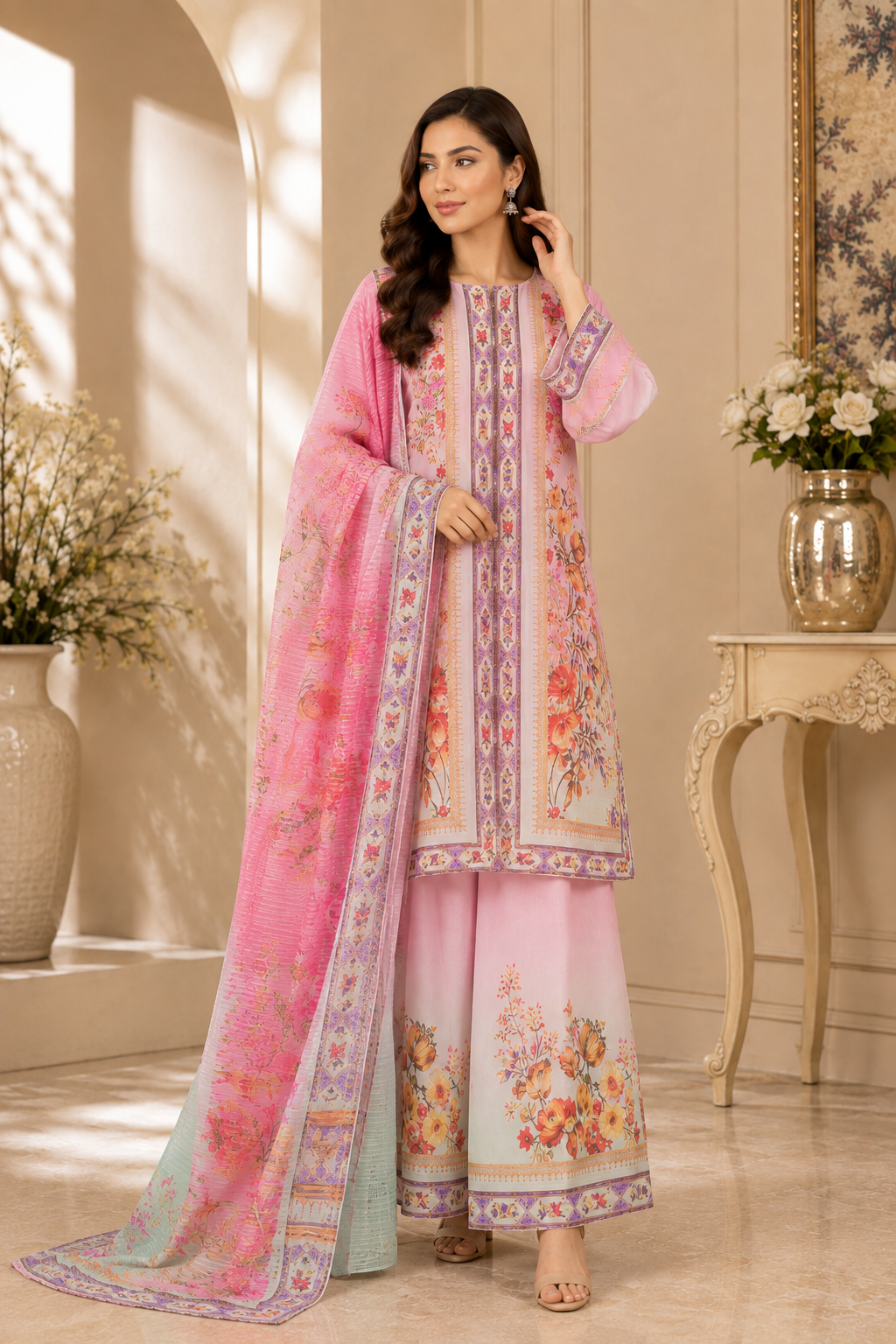 Pastel Pink Floral Printed Soft Doria 3-Piece Suit with Printed Dupatta