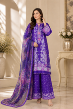 Royal Purple Printed 3-Piece Lawn Suit with Embroidered-Style Detailing