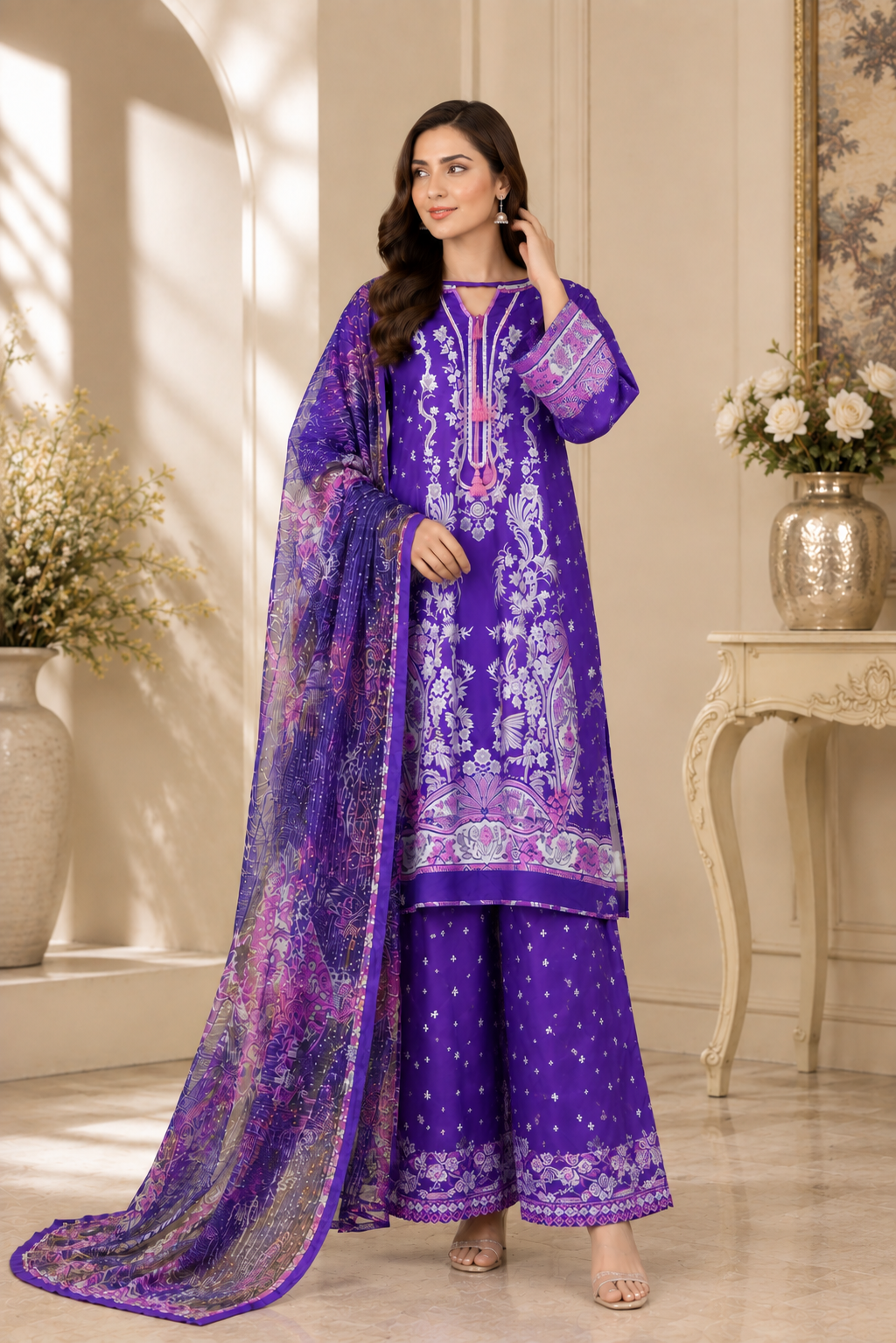 Royal Purple Printed 3-Piece Lawn Suit with Embroidered-Style Detailing