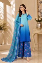 Aqua Blue Ombre Printed 3-Piece Suit with Floral Trouser & Printed Dupatta
