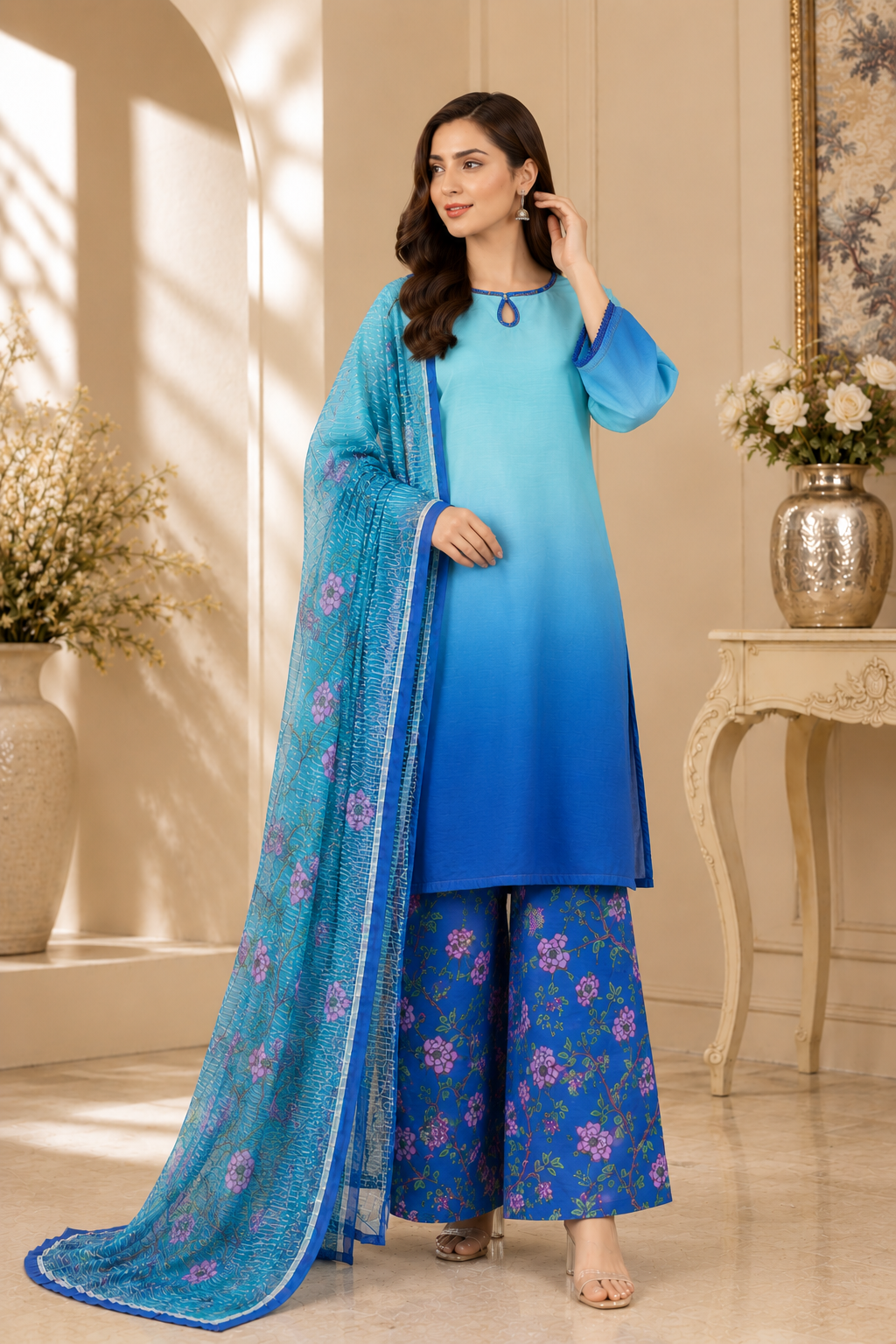 Aqua Blue Ombre Printed 3-Piece Suit with Floral Trouser & Printed Dupatta