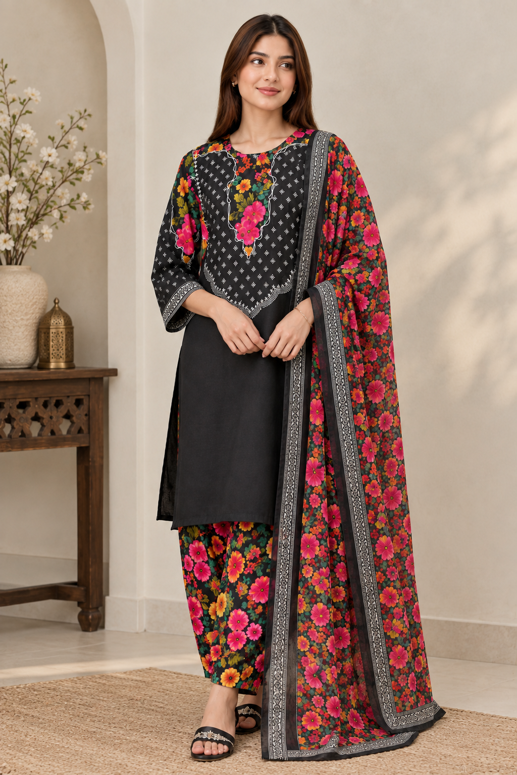 Black Floral Printed 2 Piece Lawn Suit with Printed Dupatta