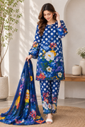 Royal Blue Polka Dot Floral Printed 3 Piece Lawn Suit