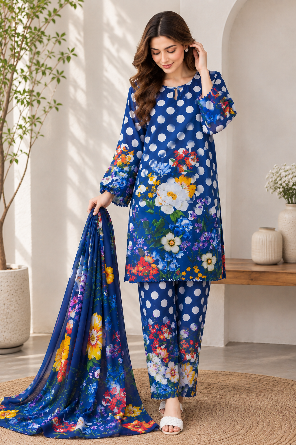 Royal Blue Polka Dot Floral Printed 3 Piece Lawn Suit
