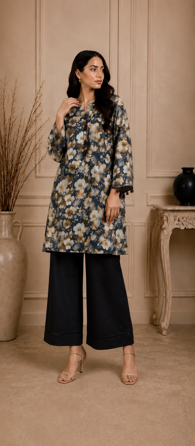 Midnight Floral Printed Lawn Kurta with Black Trouser