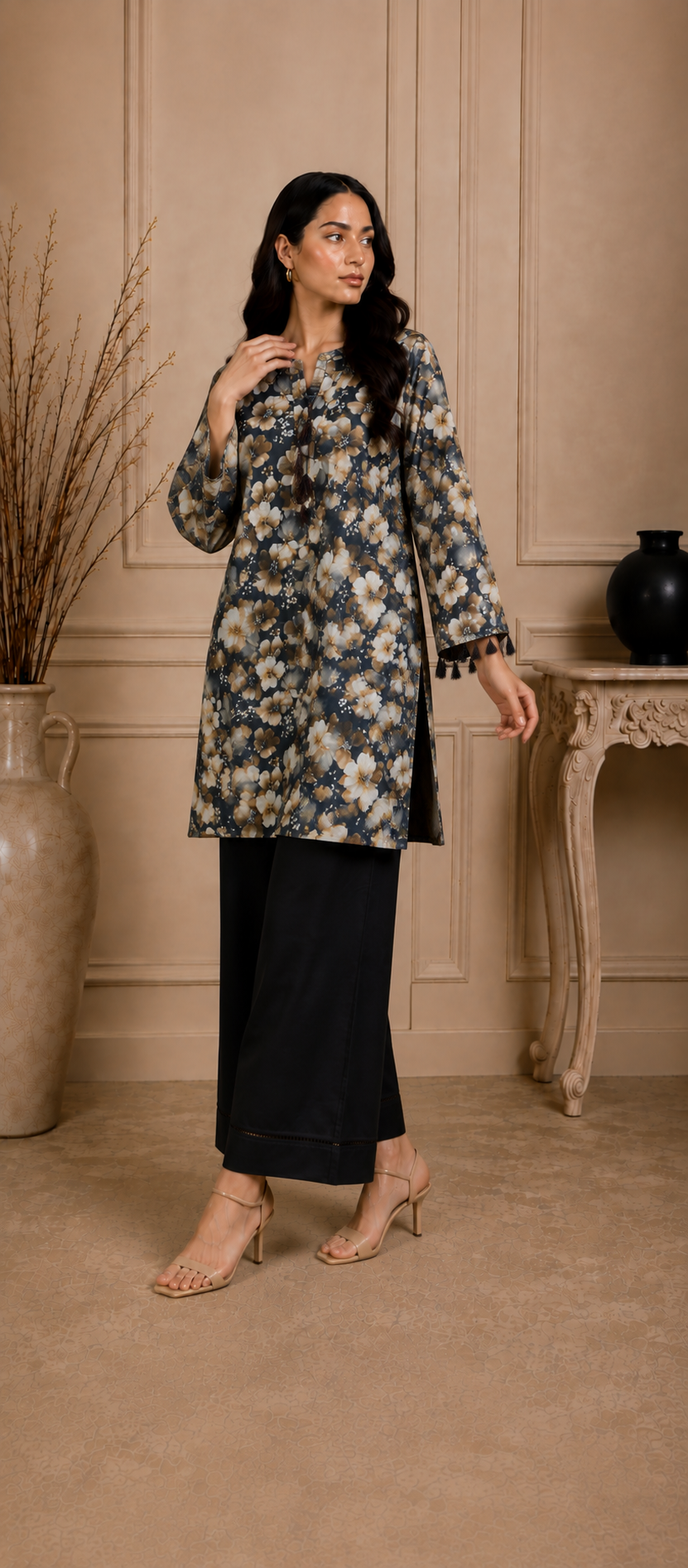 Midnight Floral Printed Lawn Kurta with Black Trouser