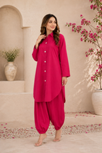 Hot Pink Button-Down 2-Piece Suit with Shalwar
