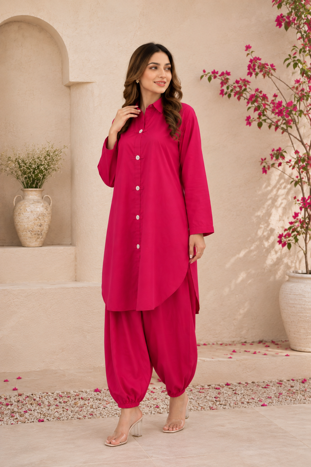 Hot Pink Button-Down 2-Piece Suit with Shalwar