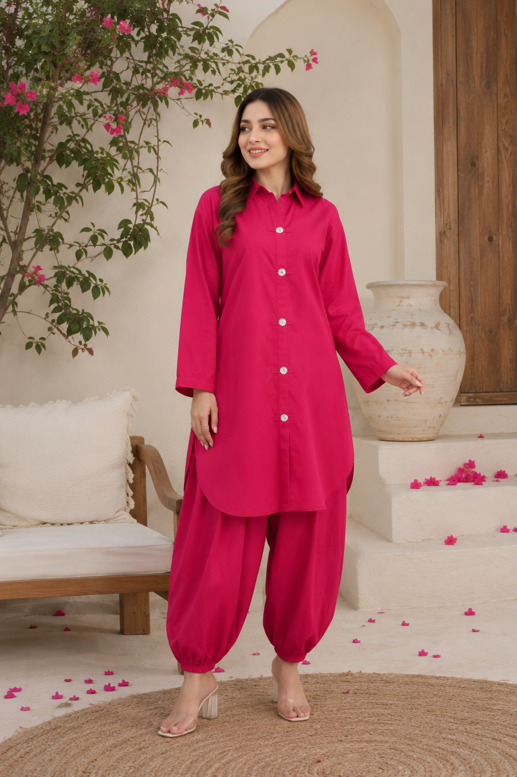 Hot Pink Button-Down 2-Piece Suit with Shalwar