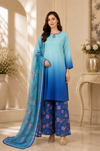 Aqua Blue Ombre Printed 3-Piece Suit with Floral Trouser & Printed Dupatta