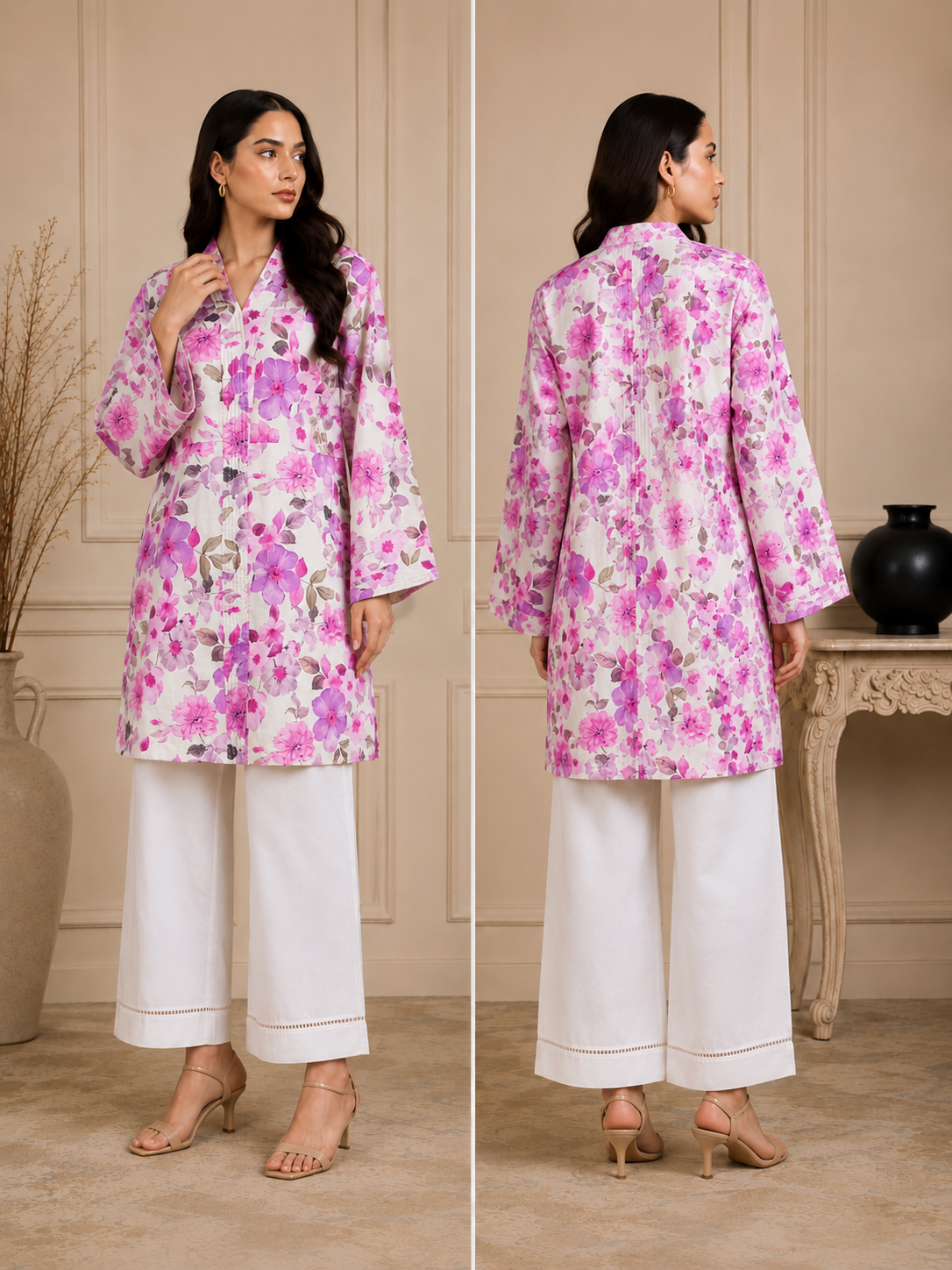 2 Piece Doria Lawn Floral Printed Suit – White & Pink | Premium Summer Collection