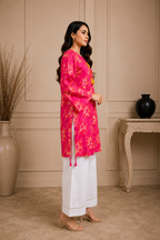 2 Piece Doria Lawn Suit – Fuchsia Pink Floral Printed Kurti with White Trouser