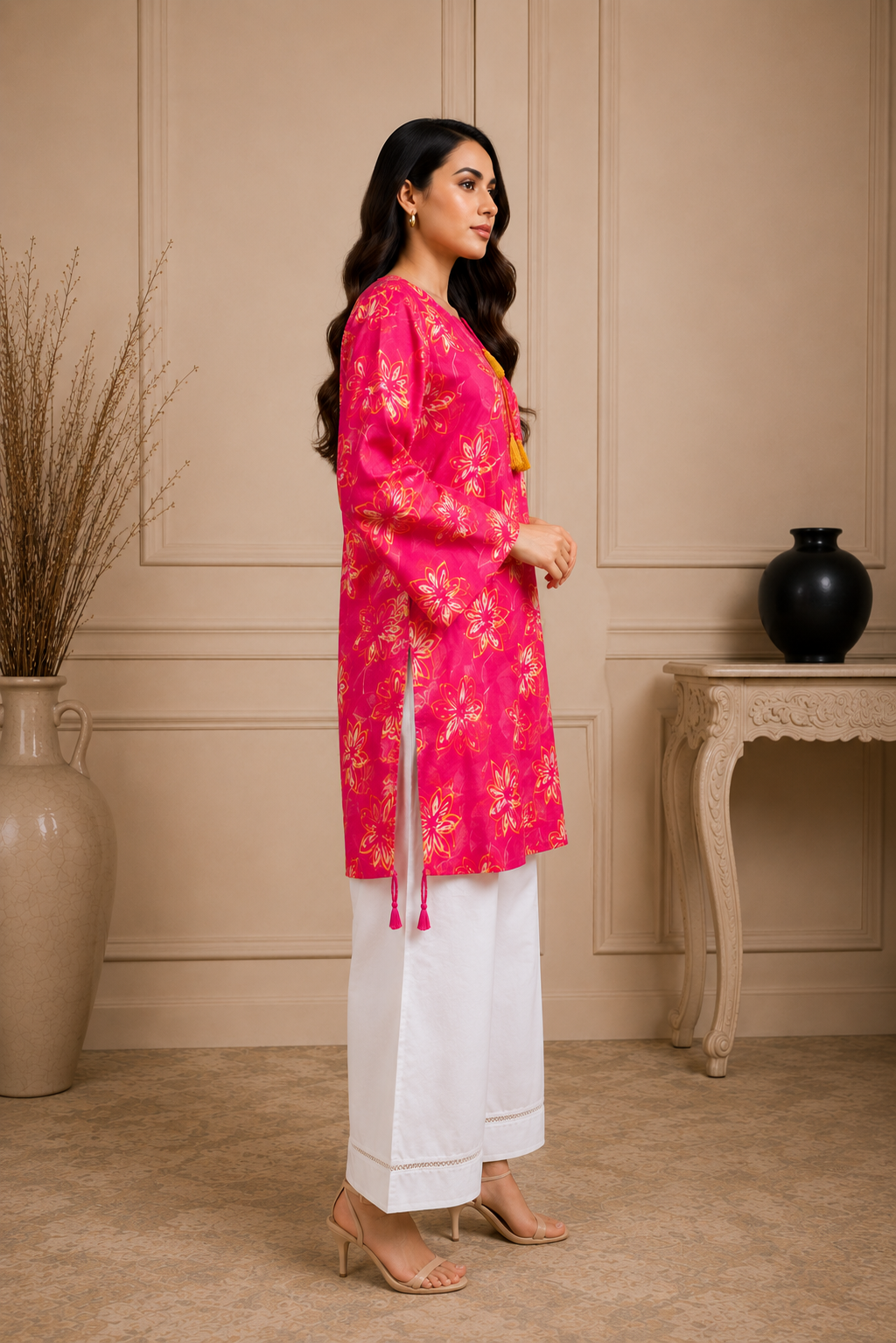 2 Piece Doria Lawn Suit – Fuchsia Pink Floral Printed Kurti with White Trouser