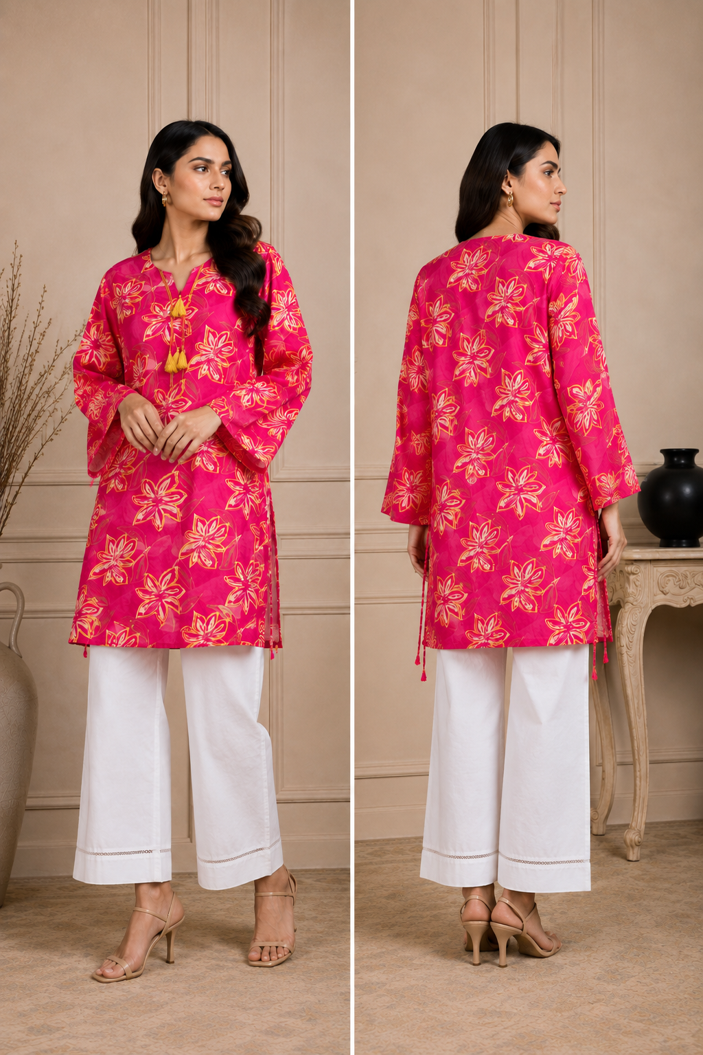 2 Piece Doria Lawn Suit – Fuchsia Pink Floral Printed Kurti with White Trouser