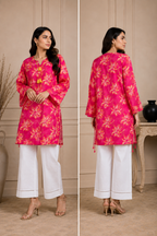 2 Piece Doria Lawn Suit – Fuchsia Pink Floral Printed Kurti with White Trouser