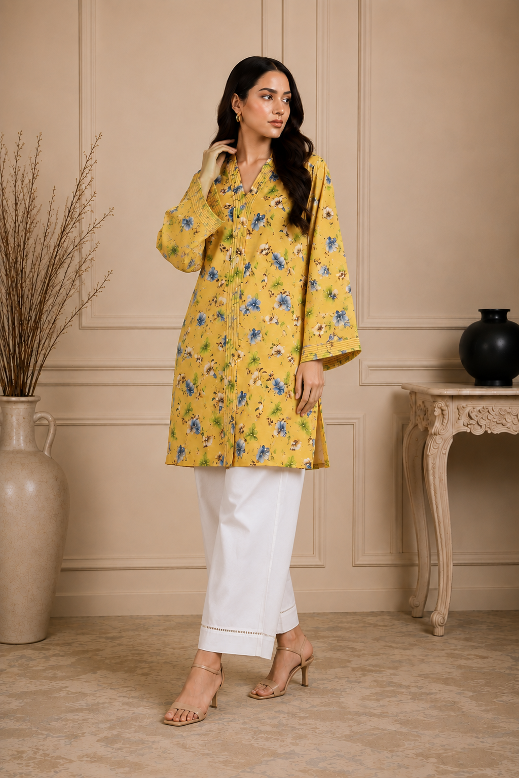 Yellow Floral Printed Doria Lawn 2 Piece Suit with Tassel Sleeves | Zurra Studio