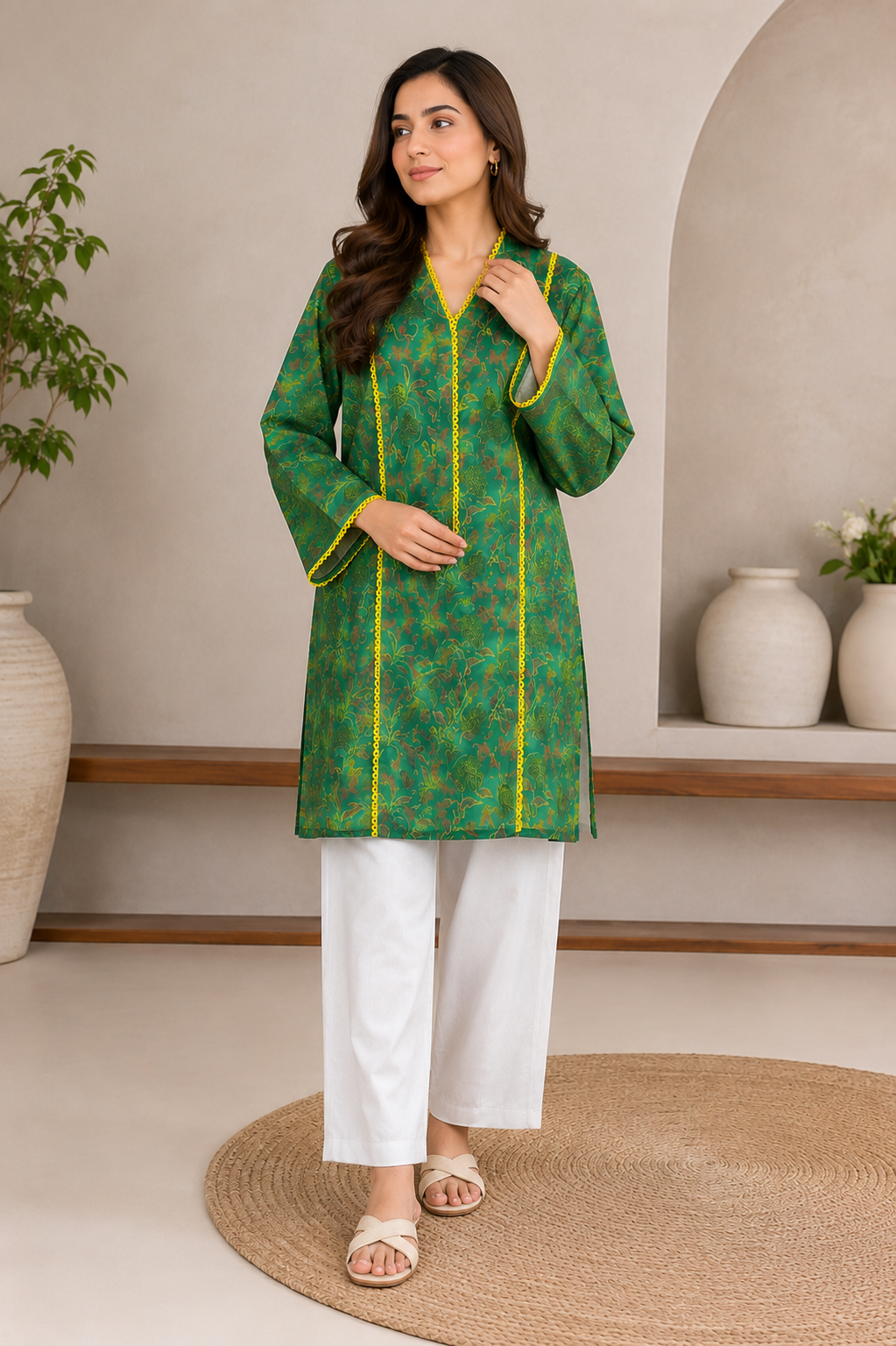 Emerald Green Printed Kurta with Yellow Lace Detailing
