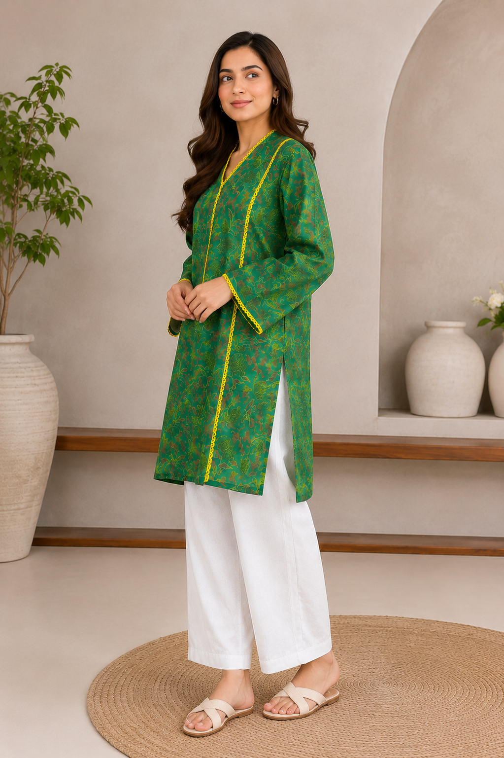 Emerald Green Printed Kurta with Yellow Lace Detailing