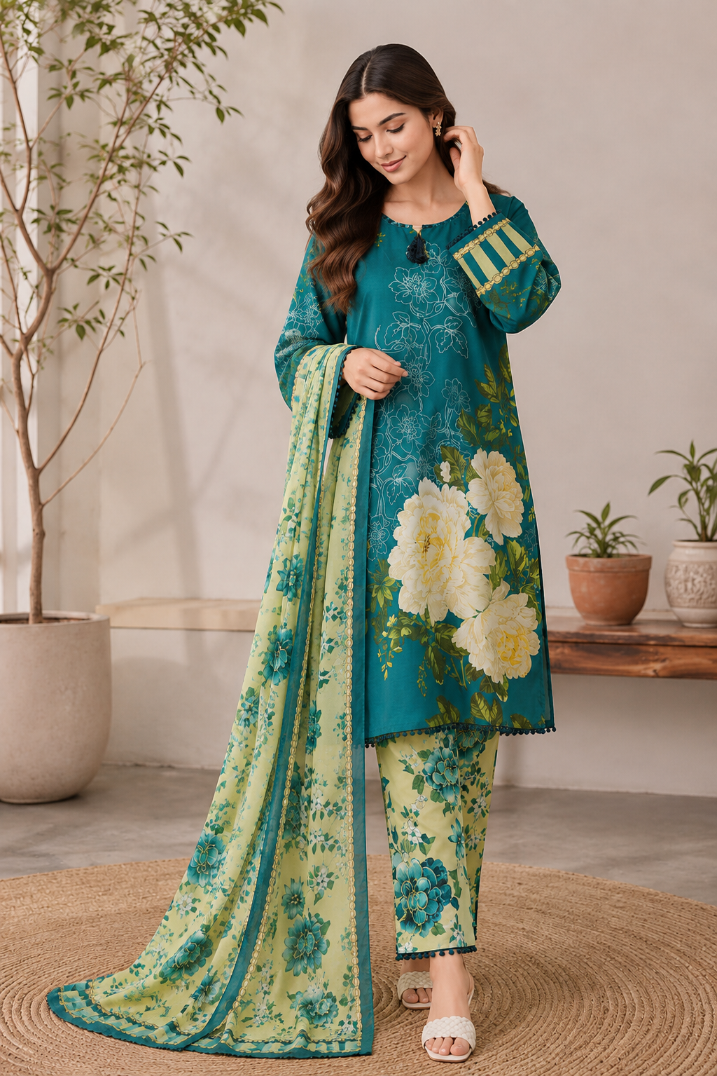 Teal Floral Printed 3 Piece Lawn Suit with Printed Dupatta