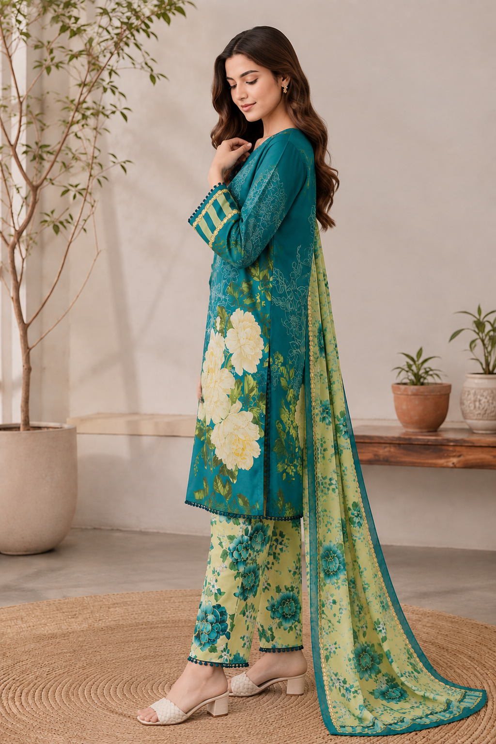 Teal Floral Printed 3 Piece Lawn Suit with Printed Dupatta