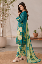 Teal Floral Printed 3 Piece Lawn Suit with Printed Dupatta