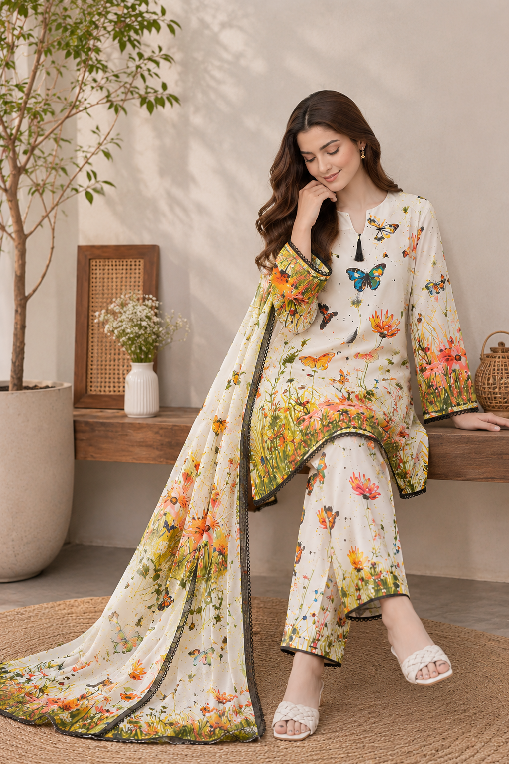 Ivory Butterfly Floral Printed 3 Piece Lawn Suit