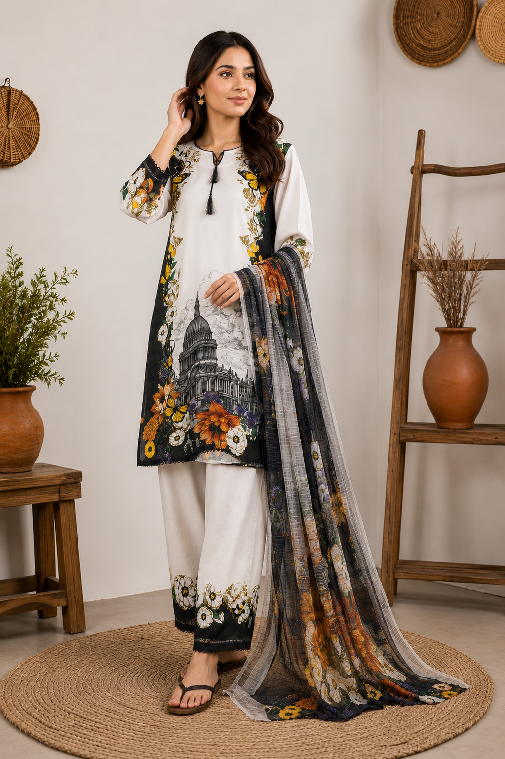 Black & Ivory Floral Printed 3 Piece Lawn Suit with Printed Dupatta