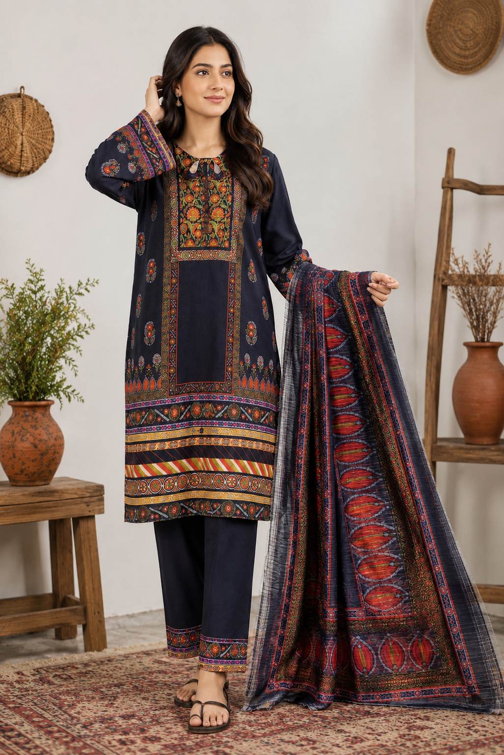 Black Printed 3 Piece Suit with Multicolor Dupatta