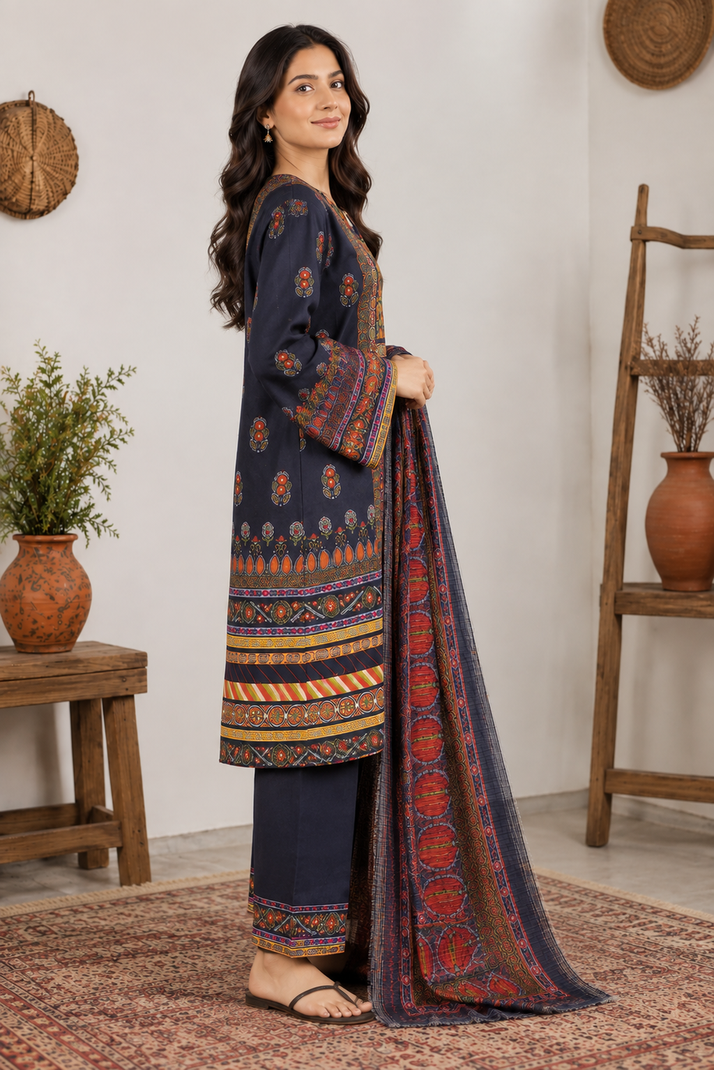Black Printed 3 Piece Suit with Multicolor Dupatta