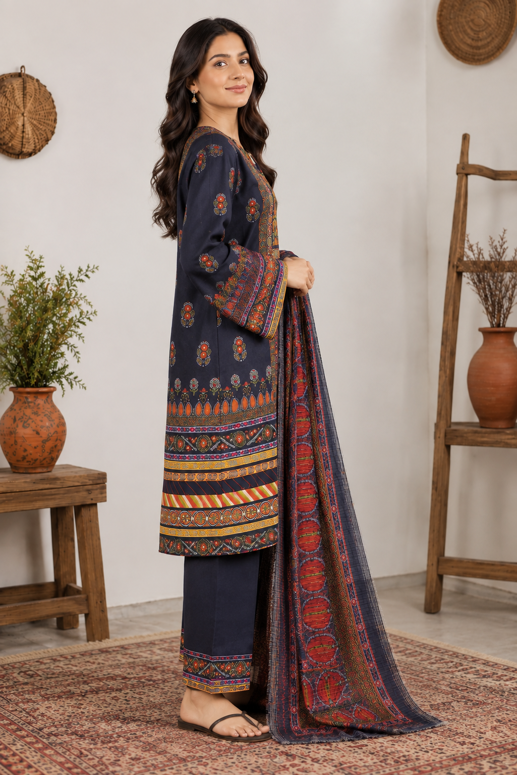 Black Printed 3 Piece Suit with Multicolor Dupatta