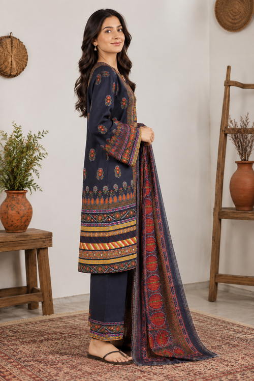 Black Printed 3 Piece Suit with Multicolor Dupatta