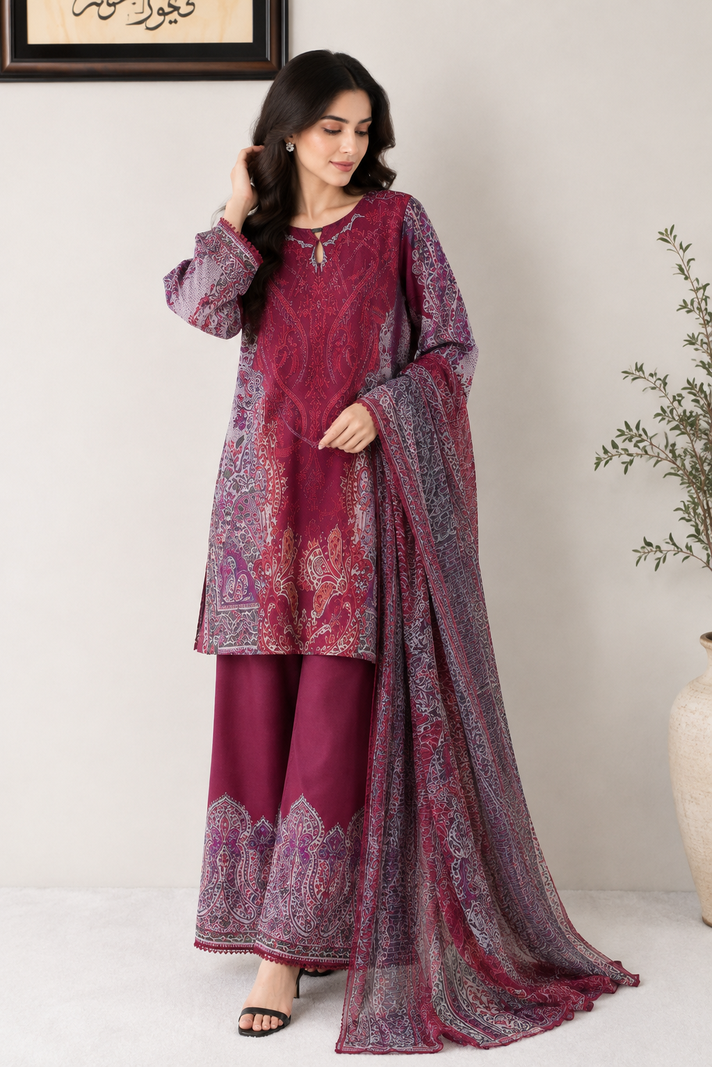 Maroon Printed 3 Piece soft doria Suit with Printed Dupatta