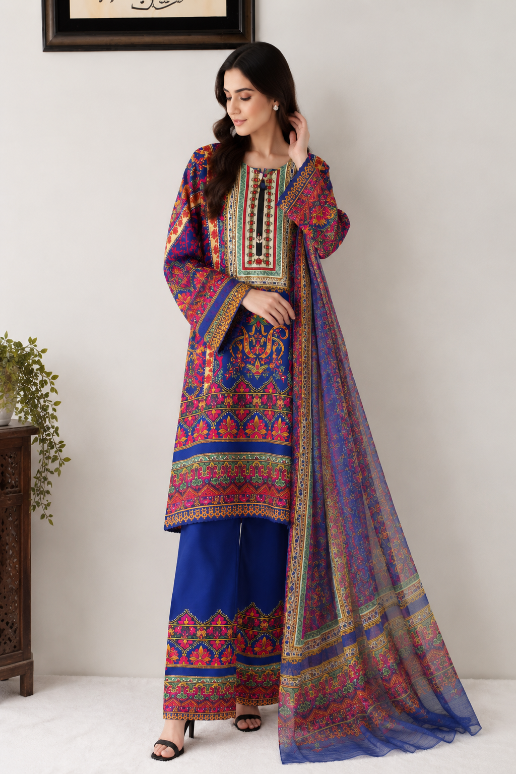 Royal Blue Printed 3 Piece Lawn Suit with Matching Dupatta