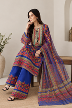 Royal Blue Printed 3 Piece Lawn Suit with Matching Dupatta