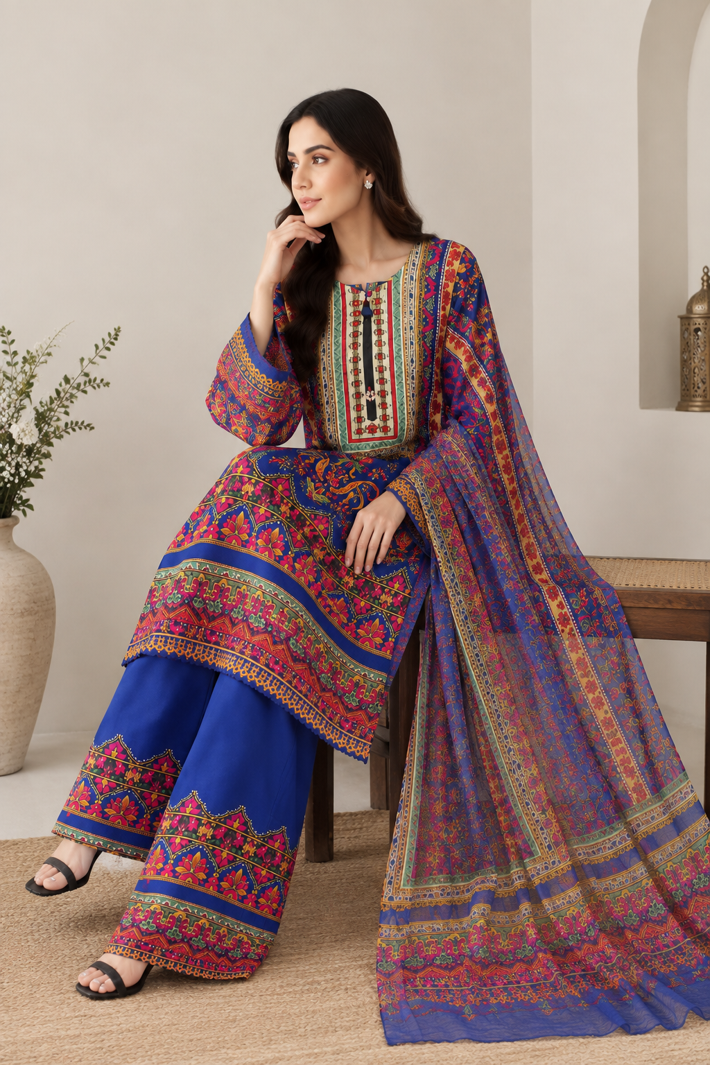 Royal Blue Printed 3 Piece Lawn Suit with Matching Dupatta