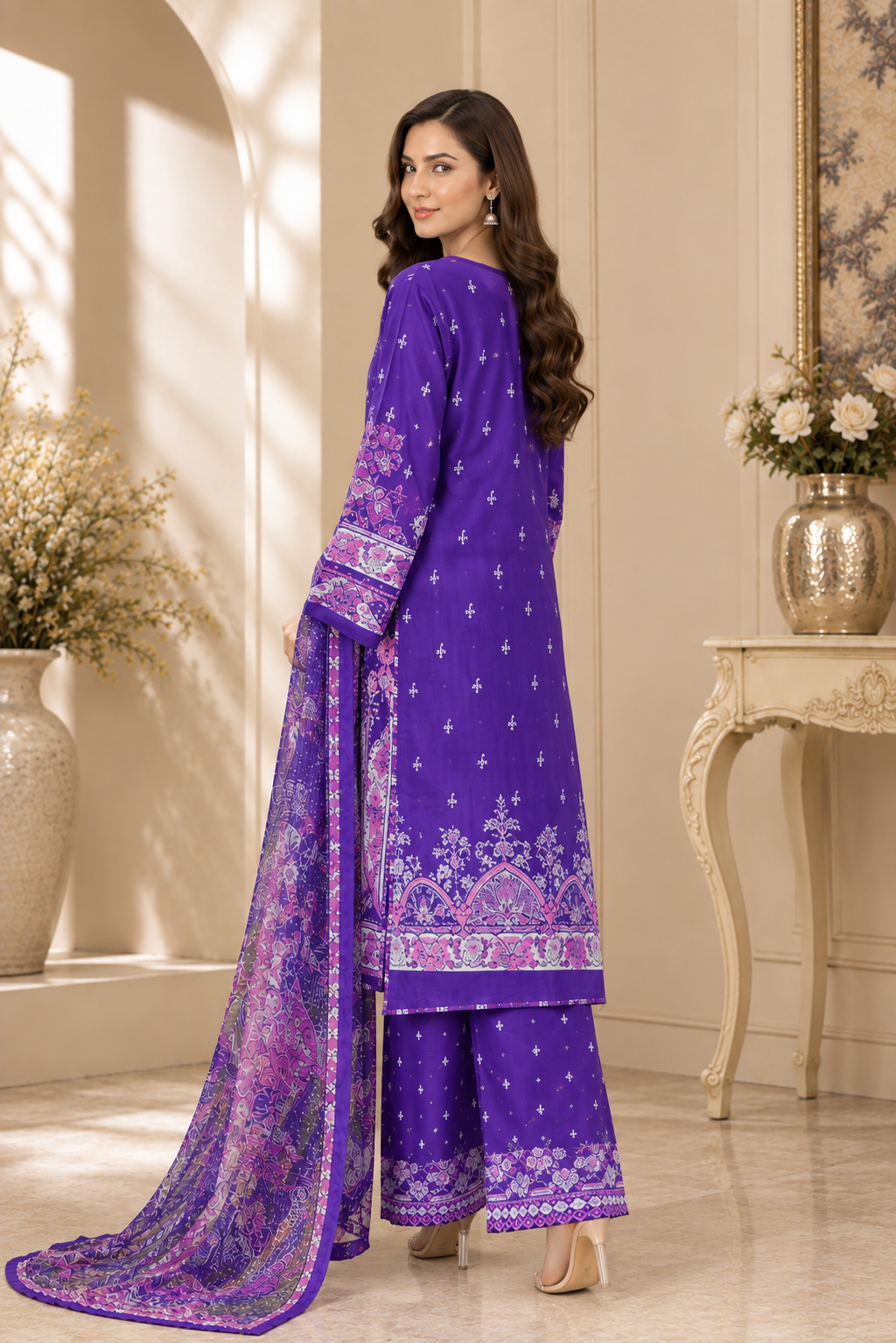 Royal Purple Printed 3-Piece Lawn Suit with Embroidered-Style Detailing