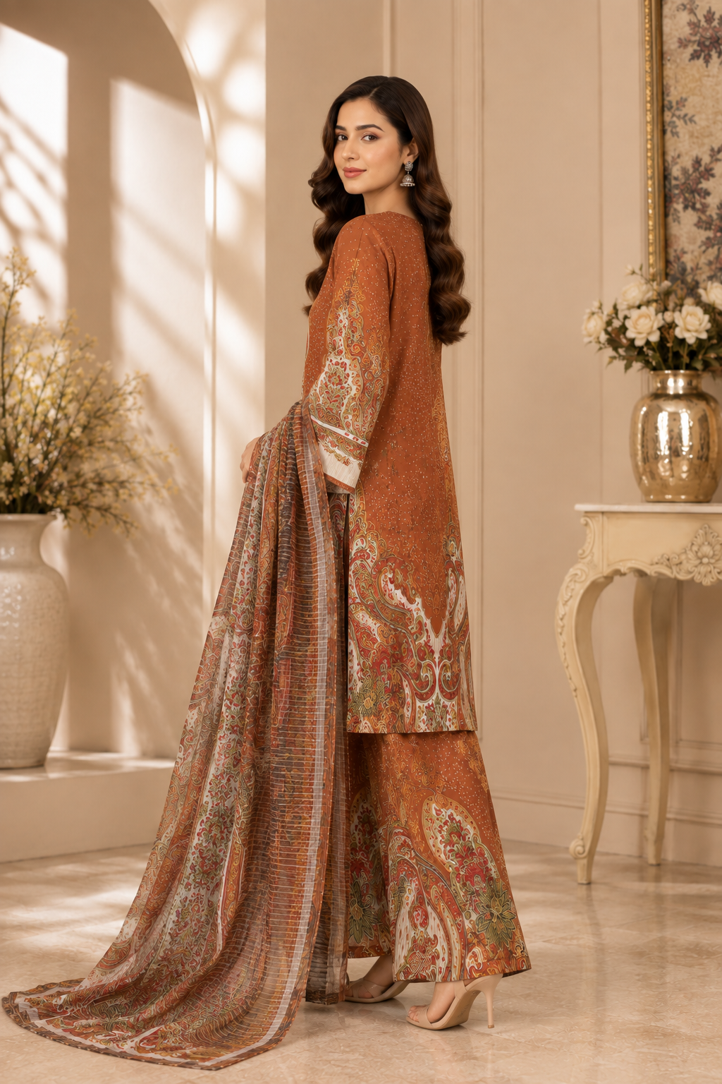 Rust Brown Printed 3 Piece Suit with Traditional Paisley Dupatta
